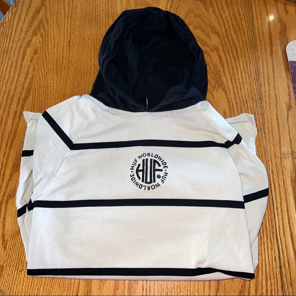 HUF Tops - HUF WORLDWIDE Black and Off White Striped Long Sleeve with Hoodie